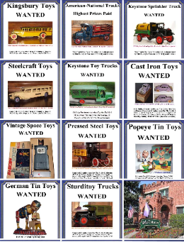 Buying vintage toys made in Japan, buying rare german tin cars, buying vintage space toys any condition, selling vintage toys, selling vintage buddy l toys, buying vintage cast iron toys, vintage toys wanted free appraisals, rare vintage japanese tin toys for sale